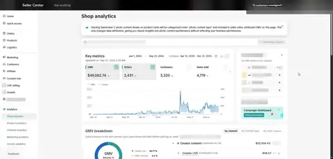 Seller Center, Analytics, Shop analytics, Key metrics, period: Jan 1, 2026 - Sep 21, 2026, GMV $49,082.74, 3,431 orders.