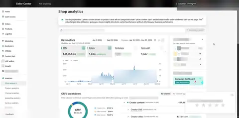 Seller Center, Analytics, Shop analytics, Key metrics, period: Jan 1, 2026 - Sep 23, 2026, GMV $31,556.45, 1,403 orders.
