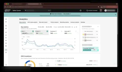 Seller Center, Analytics, Shop analytics, Key metrics, period: Feb 22, 2026 - Mar 23, 2026, GMV $28,007.24, 767 orders.