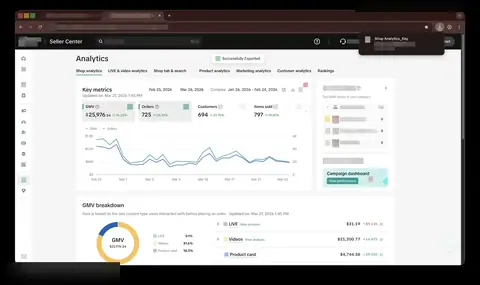 Seller Center, Analytics, Shop analytics, Key metrics, period: Feb 25, 2026 - Mar 26, 2026, GMV $25,976.34, 725 orders.