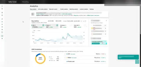 Seller Center, Analytics, Shop analytics, Key metrics, period: Jan 25, 2026 - Feb 23, 2026, GMV $19,968.15, 527 orders.